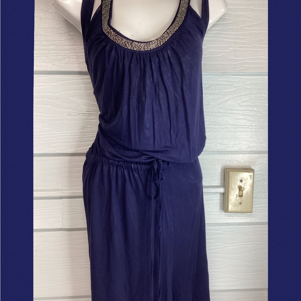 Navy Blue Sleeveless Dress with Beaded Neckline 31